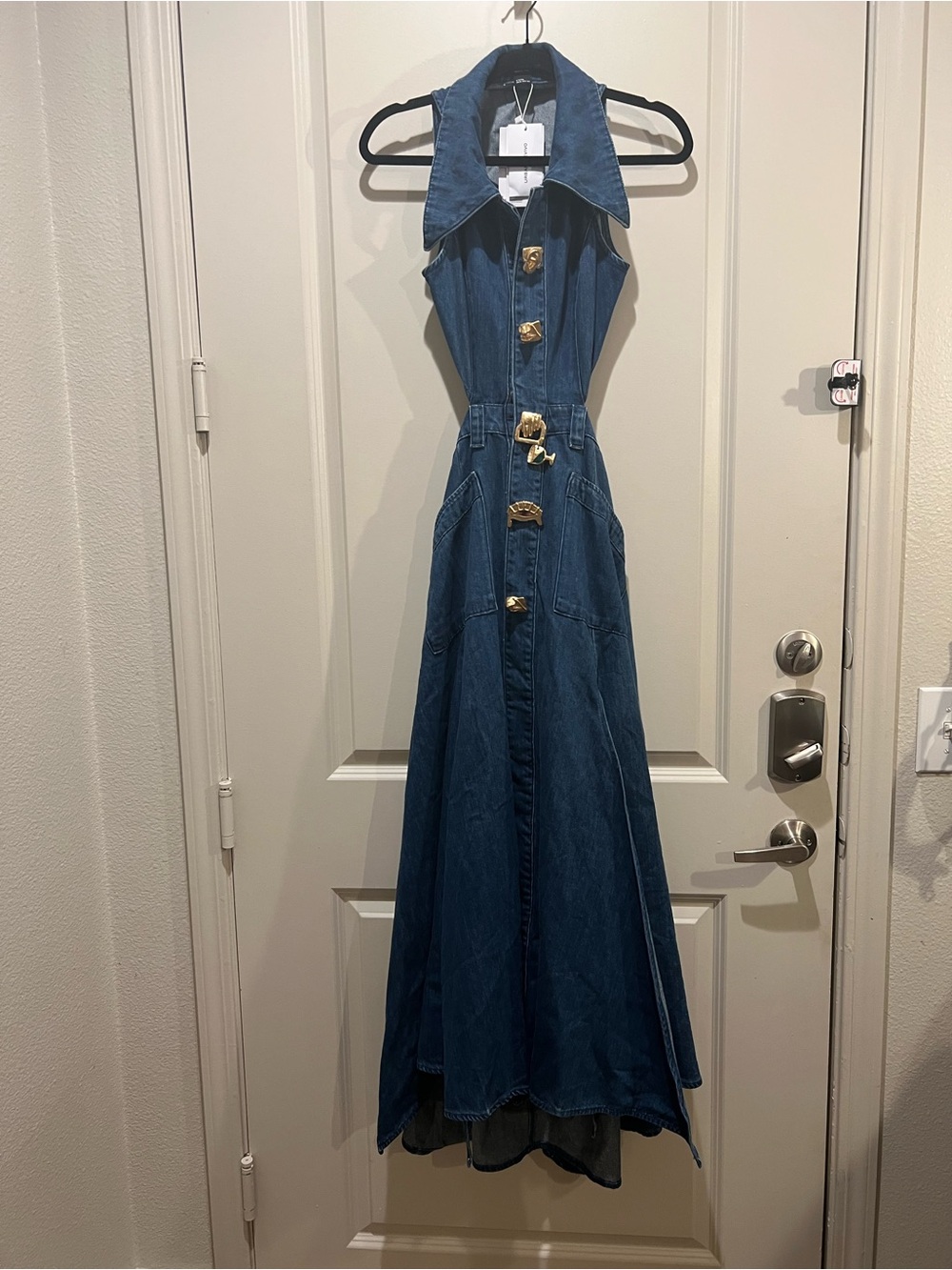 Urban Revivo Denim Cutout Maxi Dress Gold Hardware US 6 Medium NWT - Picture 2 of 9